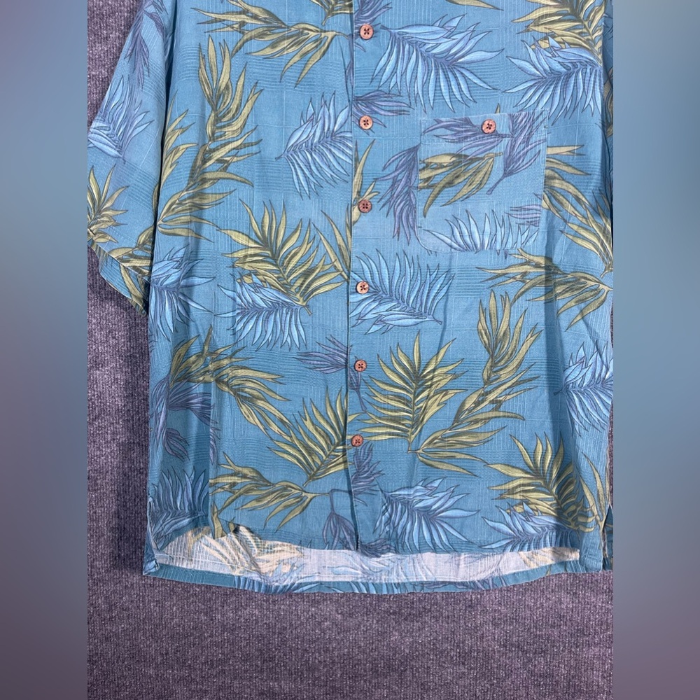 Island Republic Mens Large 100% Silk Blue Green Tropical Leaf Short Sleeve Shirt - Picture 4 of 10